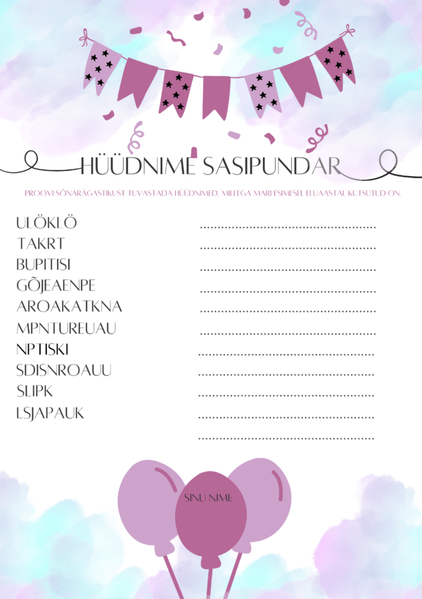 Personaalne sünnipäevamäng "Hüüdnime sasipundar" - Image 2